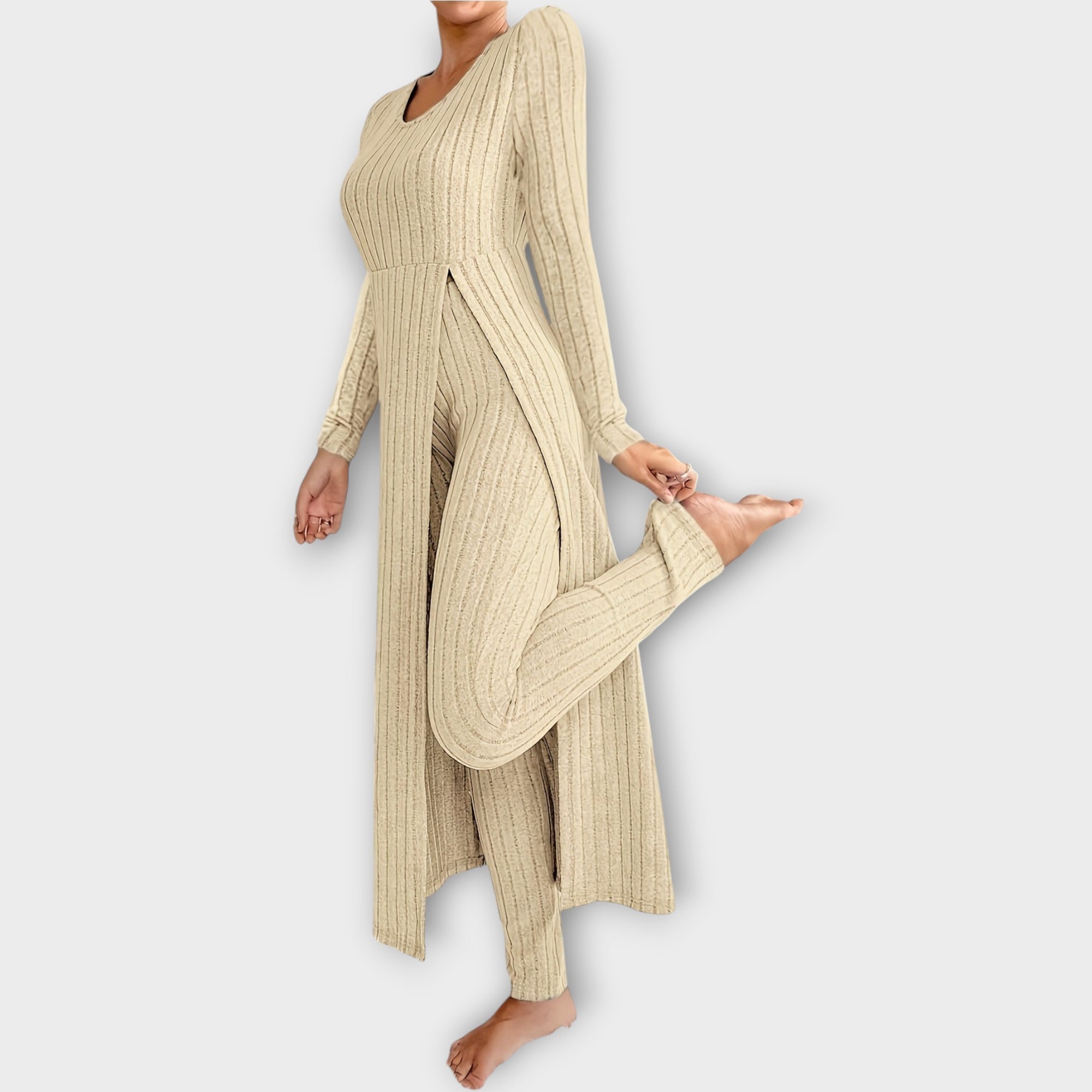 Ribbed Knit Lounge Set with Split Tunic